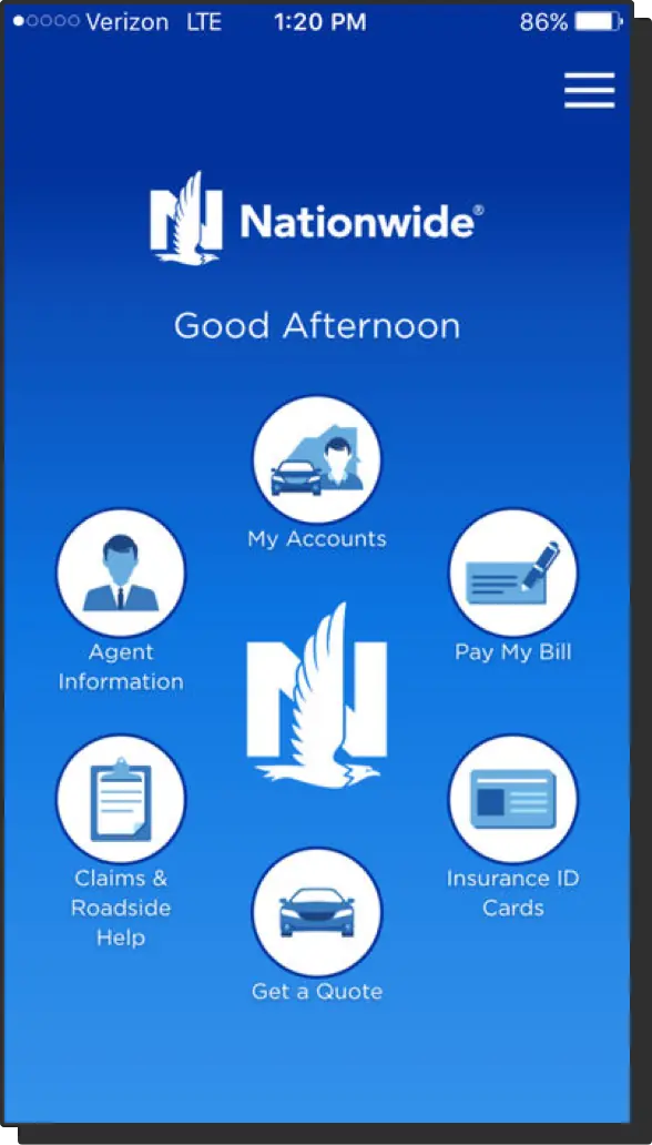 Screenshot of the original Nationwide mobile app showing cluttered navigation and dated visual design